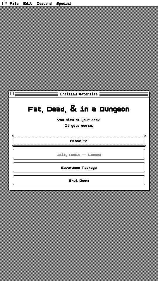 The main menu of Fat, Dead, & in a Dungeon, styled as an old desktop computer with a Clock In button