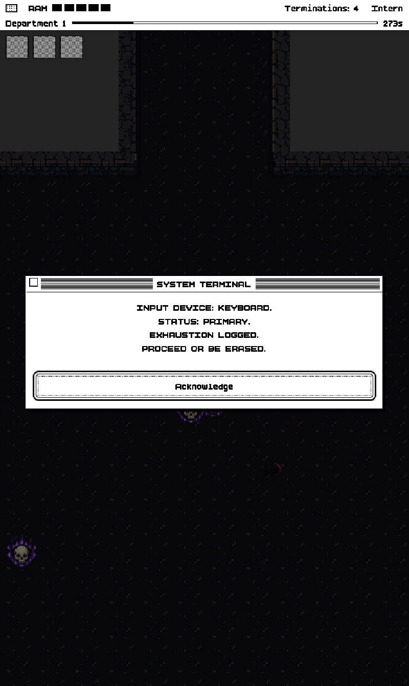 A system terminal message reading Input device keyboard, status primary, exhaustion logged, proceed or be erased